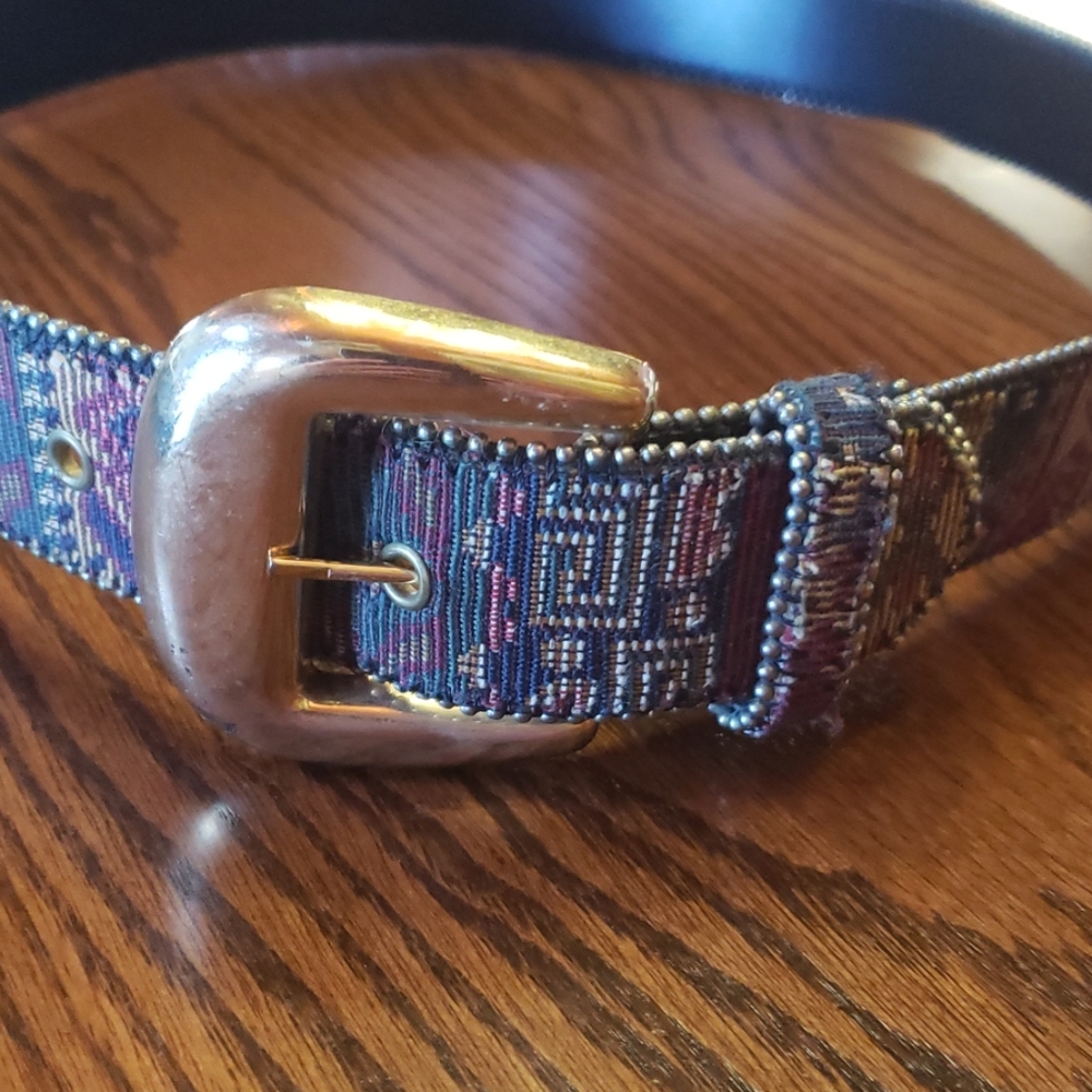 Vintage Tapestry and Leather Belt Gold Tone Buckle